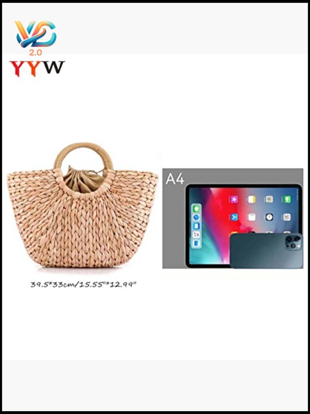 Woven Straw Tote Bag Handmade Summer Beach Handbag Clutch Crossbody - Picture 6 of 7